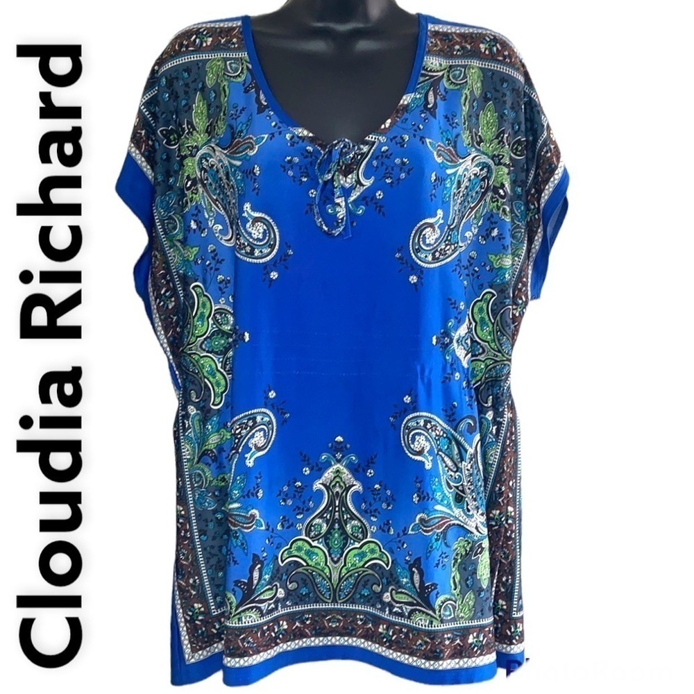 Claudia Richard Blue Floral Print Short Sleeve Women’s Blouse